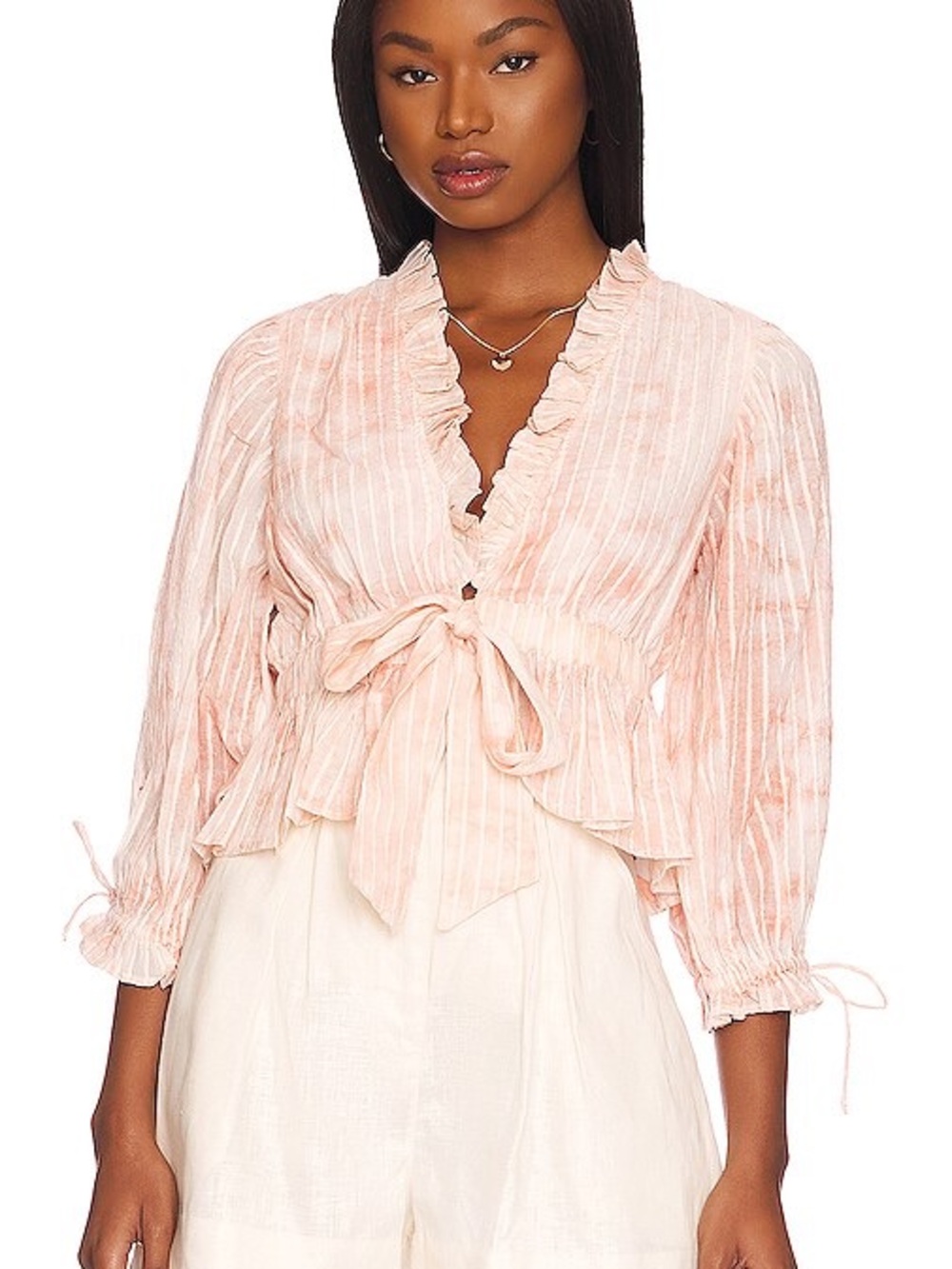 Cleobella Cream and Blush Ruffle-Neck Peasant Top